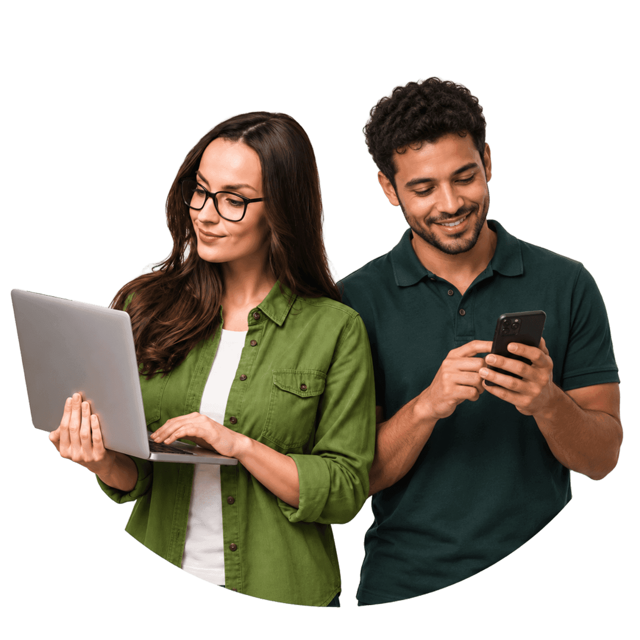 Candidata com notebook e candidato com celular